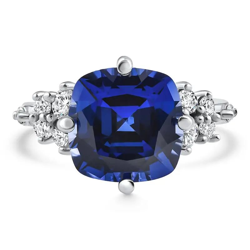 8Ct Tw Cushion Blue Sapphire & Diamond Muse Ring 14K White Gold Lab Grown 1