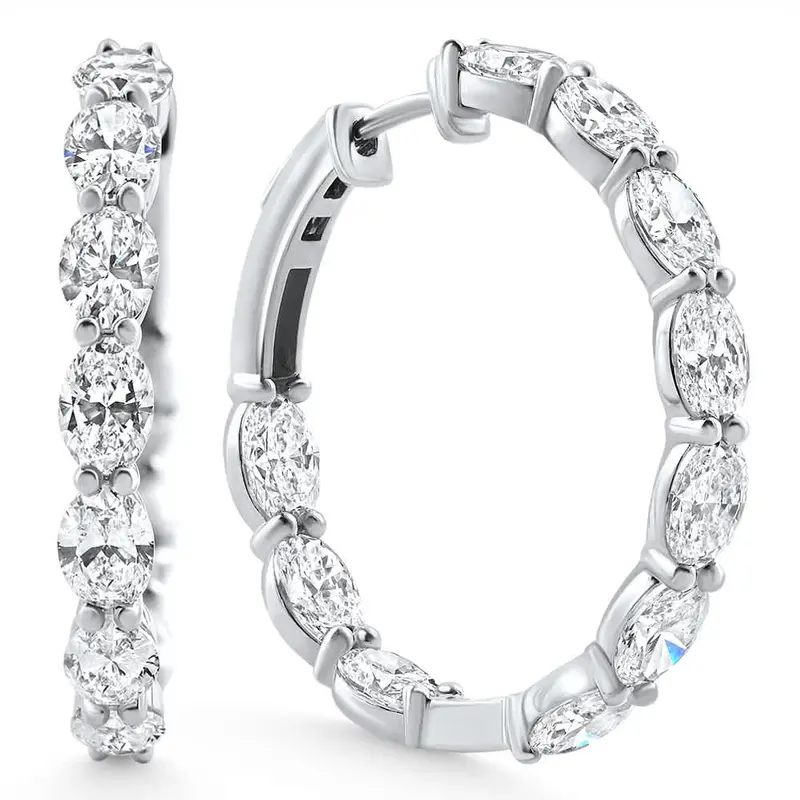 8Ct Tw Oval Diamond Inside Outside Hoops Vault Lock 14K White Gold Lab Grown Size: 1.25" Tall 1