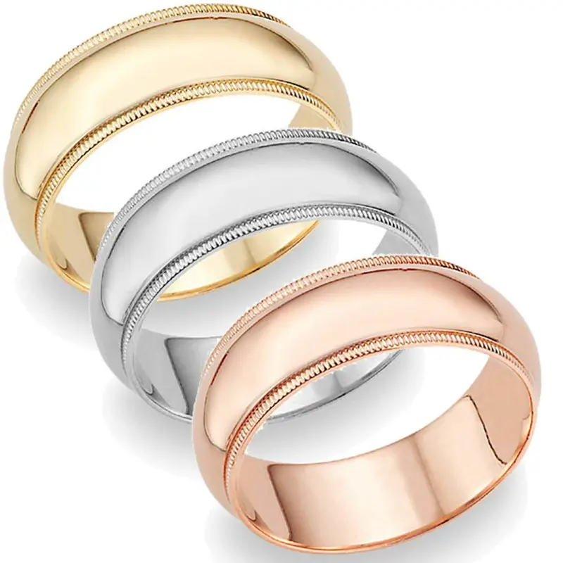 8Mm Milgrain Plain High Polished Dome Wedding Band 10K White, Yellow, Rose Gold 2