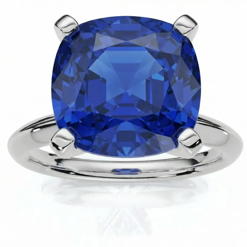 9 1/2Ct Cushion Blue Sapphire Solitaire Ring 14K Gold Lab Grown 12Mm 1