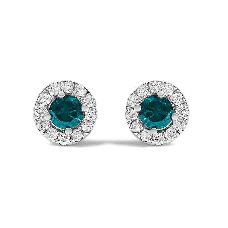 .925 Sterling Silver 1/2 Cttw Blue Diamond Halo Stud Earring 1