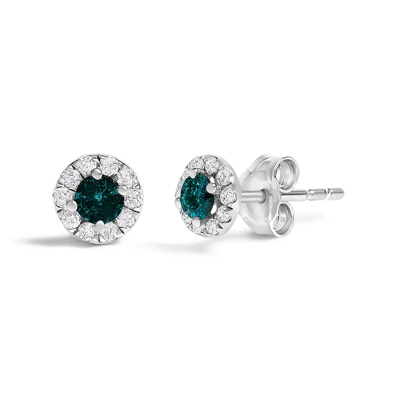 .925 Sterling Silver 1/3 Cttw White And Blue Diamond Halo Stud Earring 1