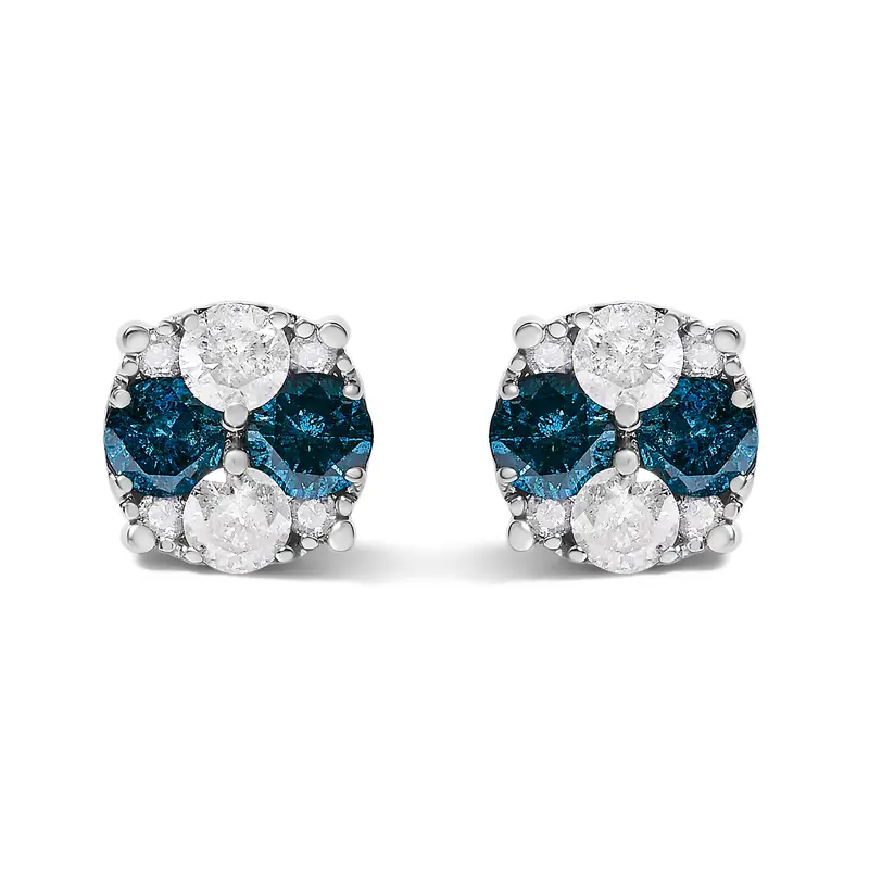.925 Sterling Silver 2.0 Cttw Blue Diamond Composite Cluster Stud Earring 1
