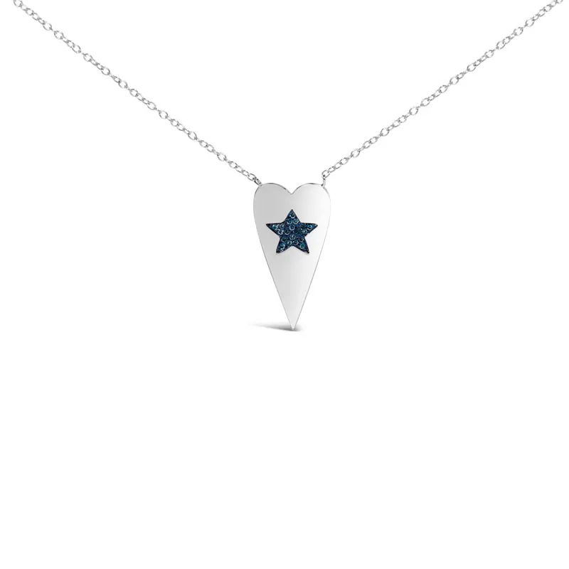 .925 Sterling Silver Blue Diamond Heart With Star Pendant Necklace 1