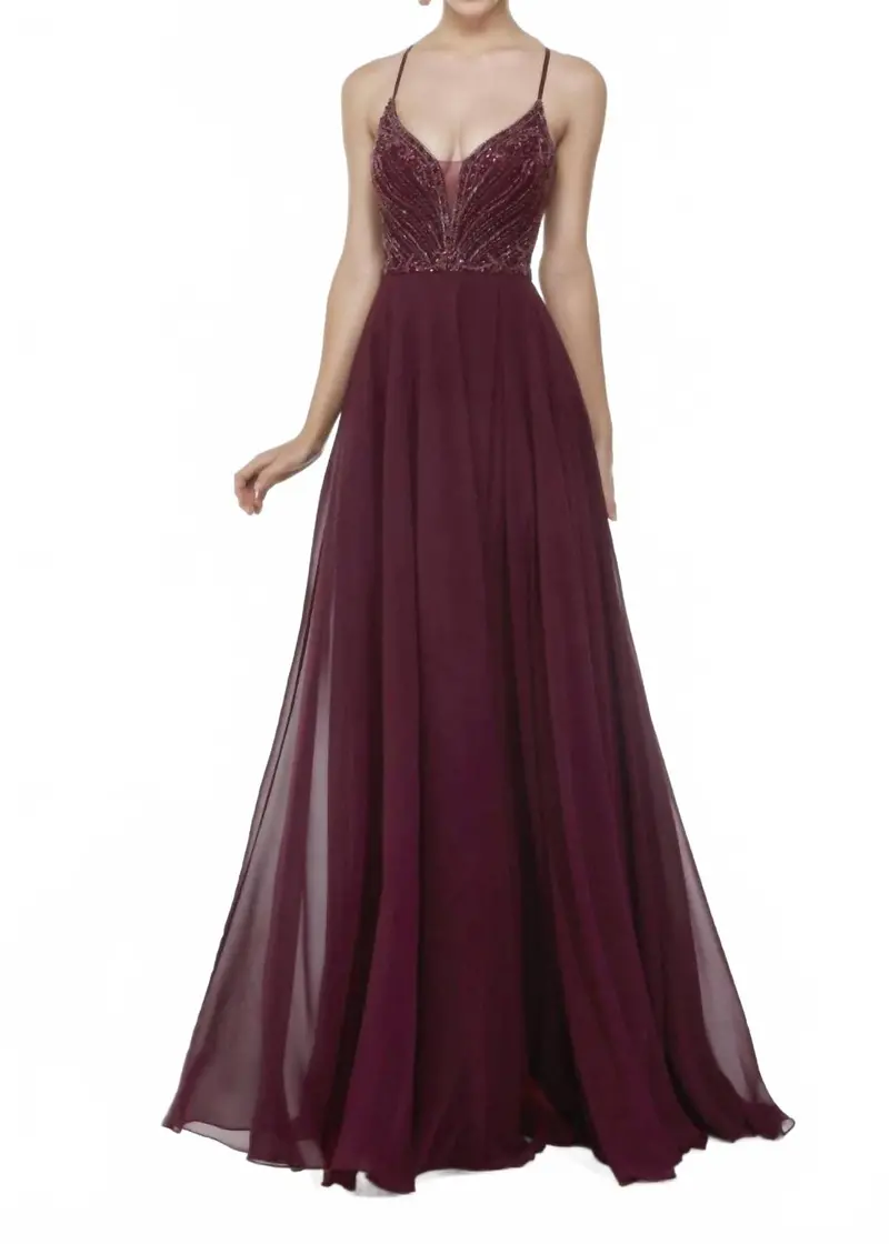 A-Line Plunging Neckline Gown In Black Cherry 1