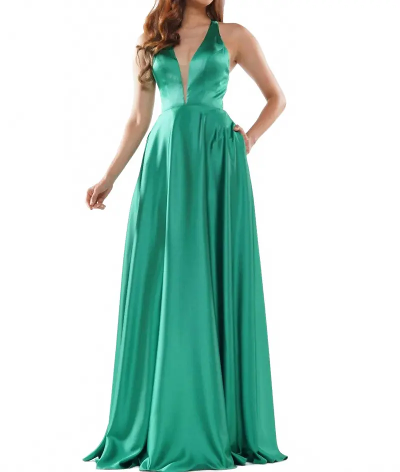 A-Line Satin Gown In Emerald 1