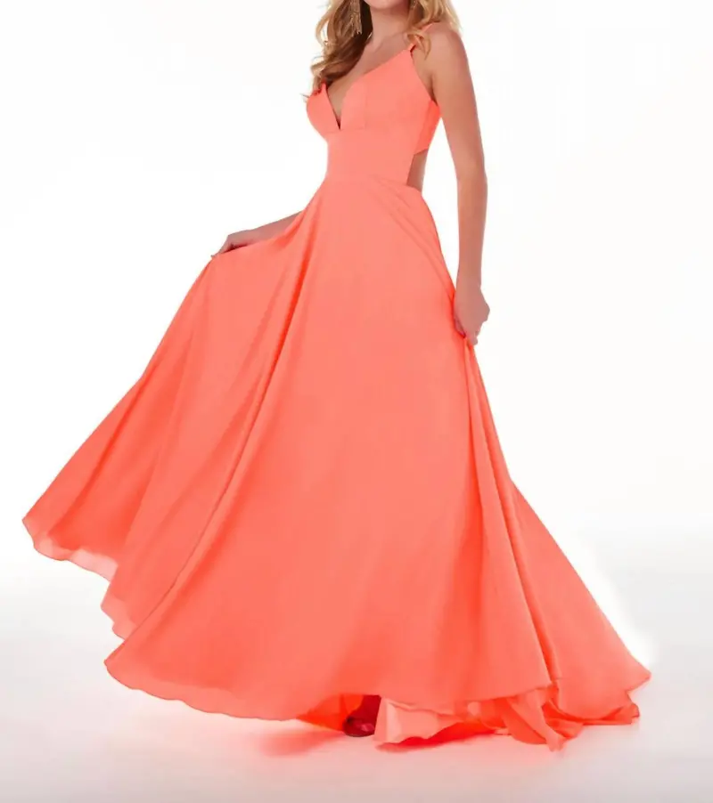 A-Line Spaghetti Strap Gown In Neon Coral 1