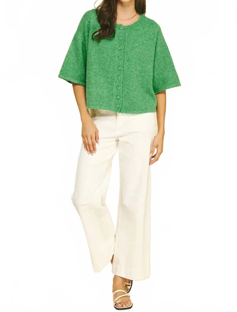 Abby Button Down Short Sleeve Sweater In Green 1