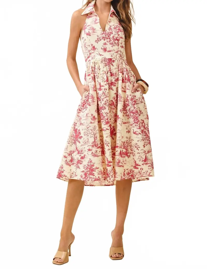 Abstract Print V-Neck Halter Midi Dress In Burgundy 1