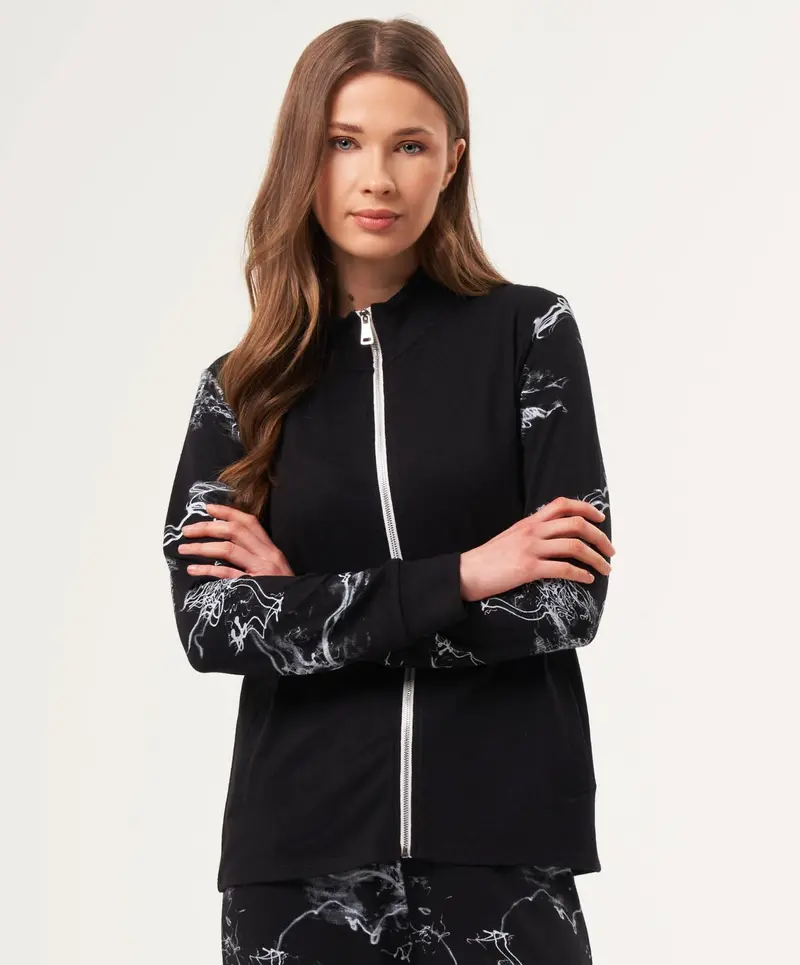 Abstract Print Zip Up Bomber Jacket In Black/White 1