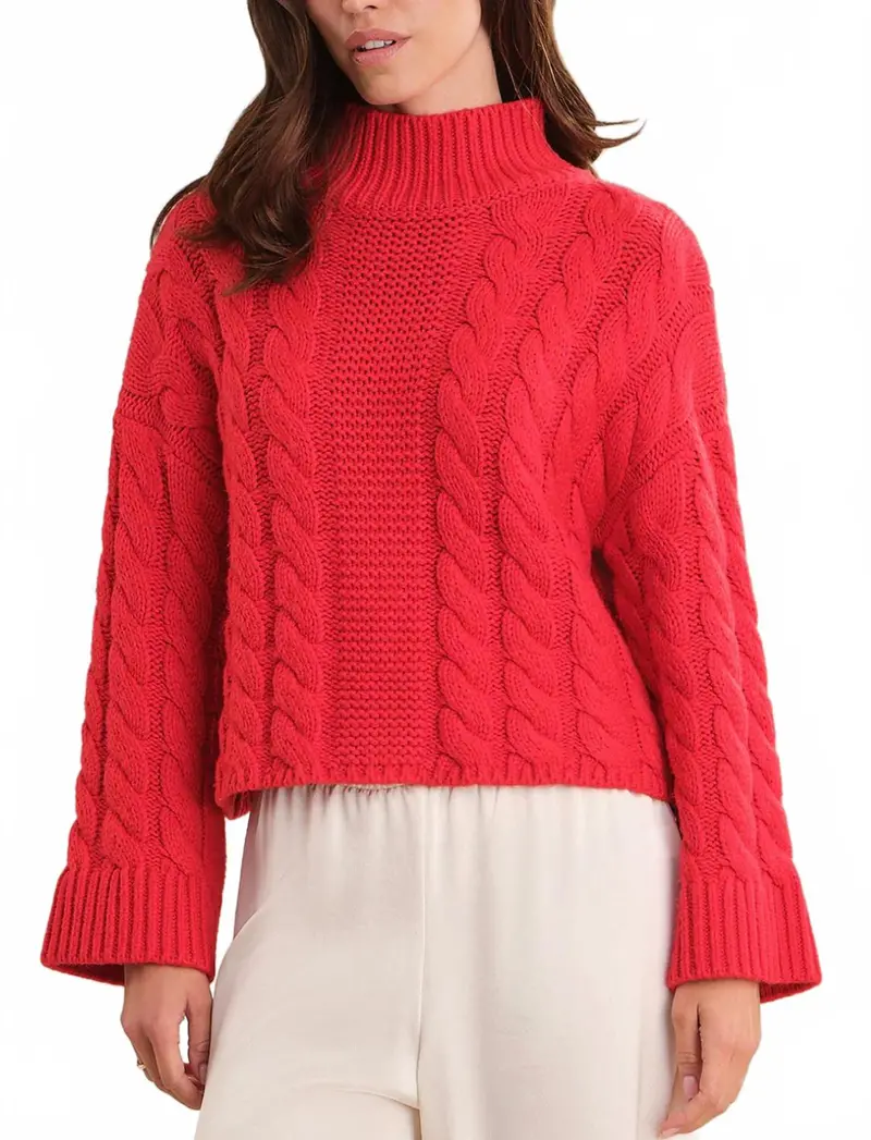 Adalynn Oversized Chunky Cable Mock Neck Pullover Sweater In True Red 1