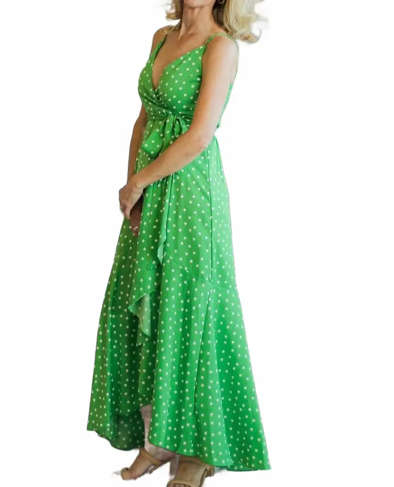 Adjustable Strap Tie Waist Dot Print Long Wrap Dress In Green 1