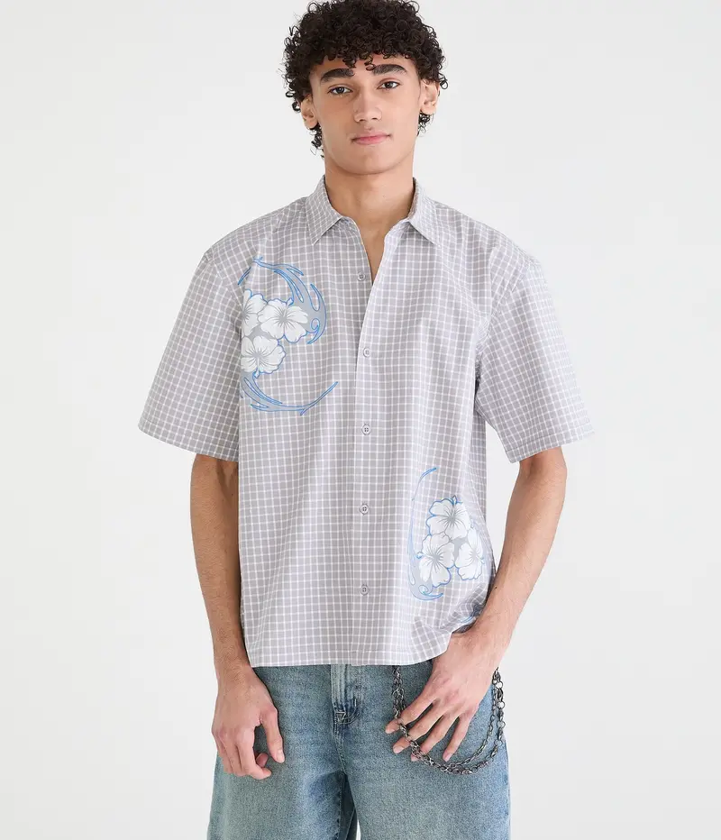 Aeropostale Floral Tattoo Microplaid Boxy Shirt 1