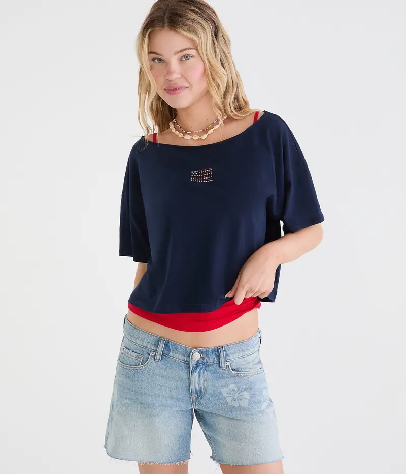 Aeropostale Seriously Soft American Flag Off-The-Shoulder Boyfriend Graphic Tee 1