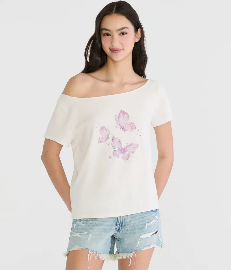 Aeropostale Seriously Soft Rhinestone Butterfly Off-The-Shoulder Vintage Fit Tee 1