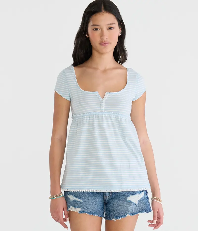 Aeropostale Seriously Soft Striped Y2k Babydoll Henley 1