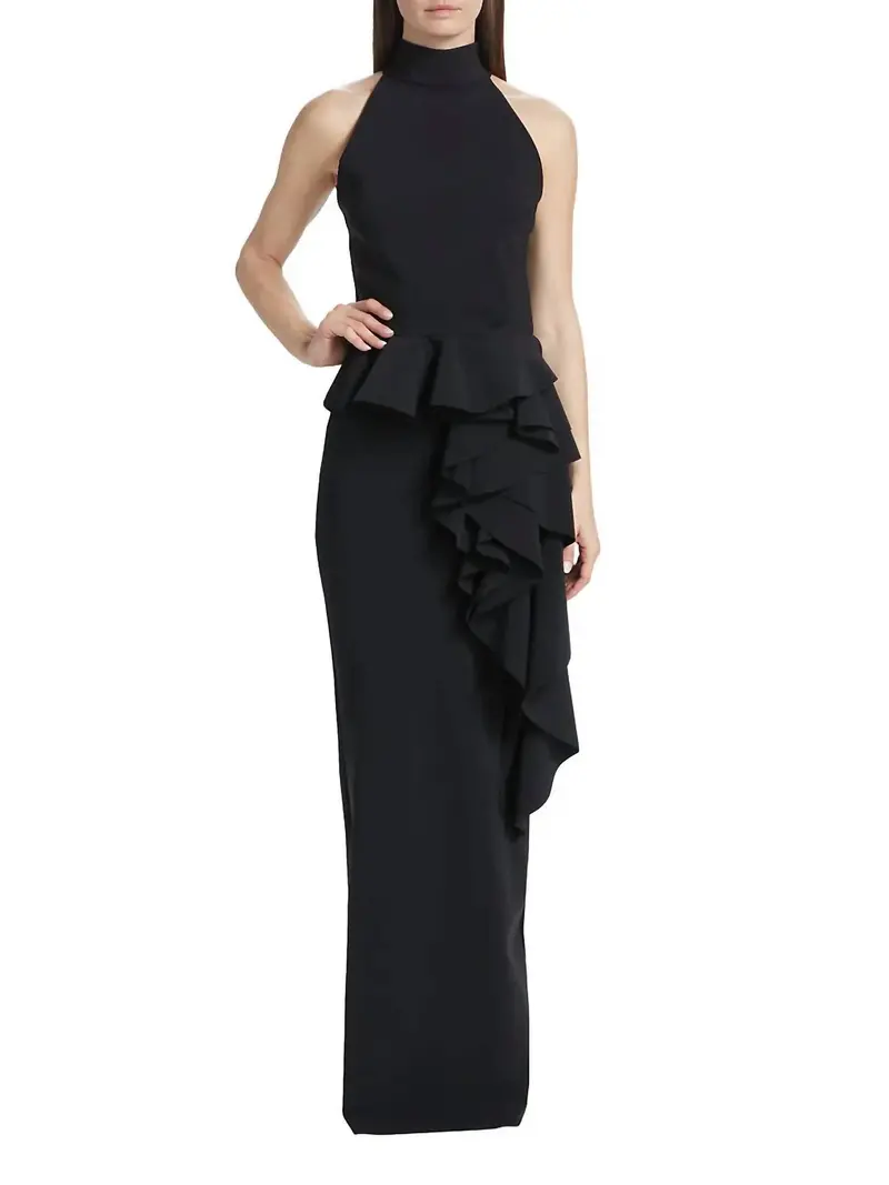 Ah Ruffled High-Neck Gown In Black 1