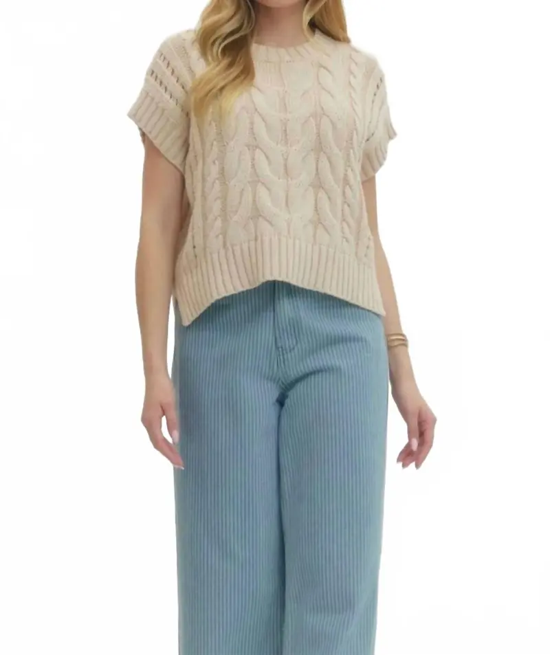 Alice Cable Knit Short Sleeve Sweater In Oatmeal 1