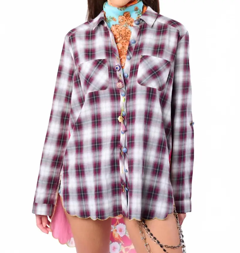 Alice Long Sleeve Button-Up Top In Off White/Wine 1