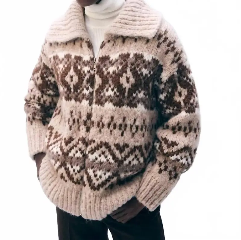 Alpaca Blend Fair Isle Bomber Sweater In Brown Combo 1