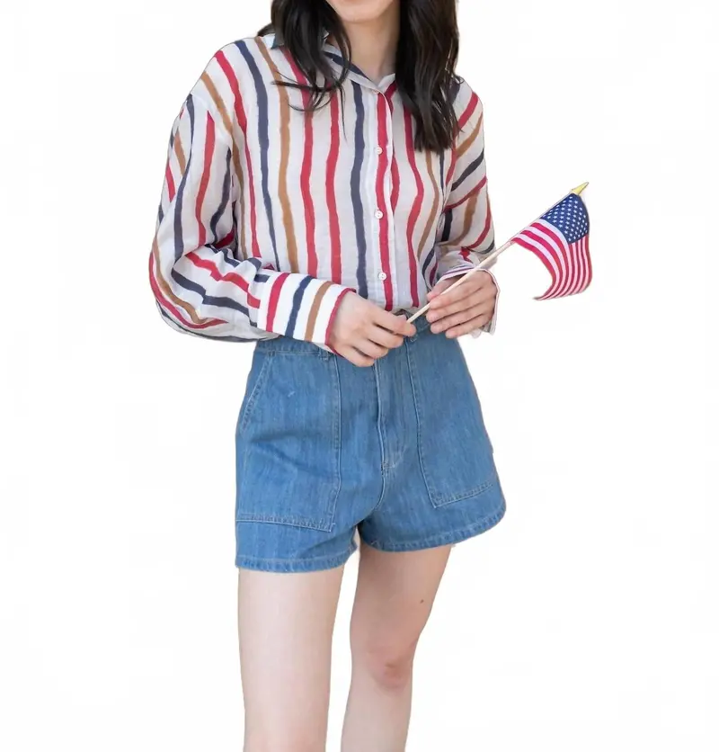 American Stripes Chiffon Button Down Blouse In Red/Blue/White 1