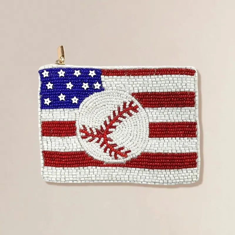 American Usa Flag Baseball Seed Beaded Mini Pouch Bag 1