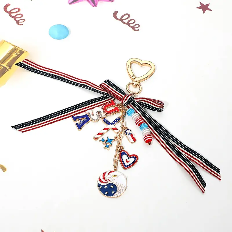 American Usa Flag Bow Heart Cross Eagle Charm Drop Keychain Bag Charm 1