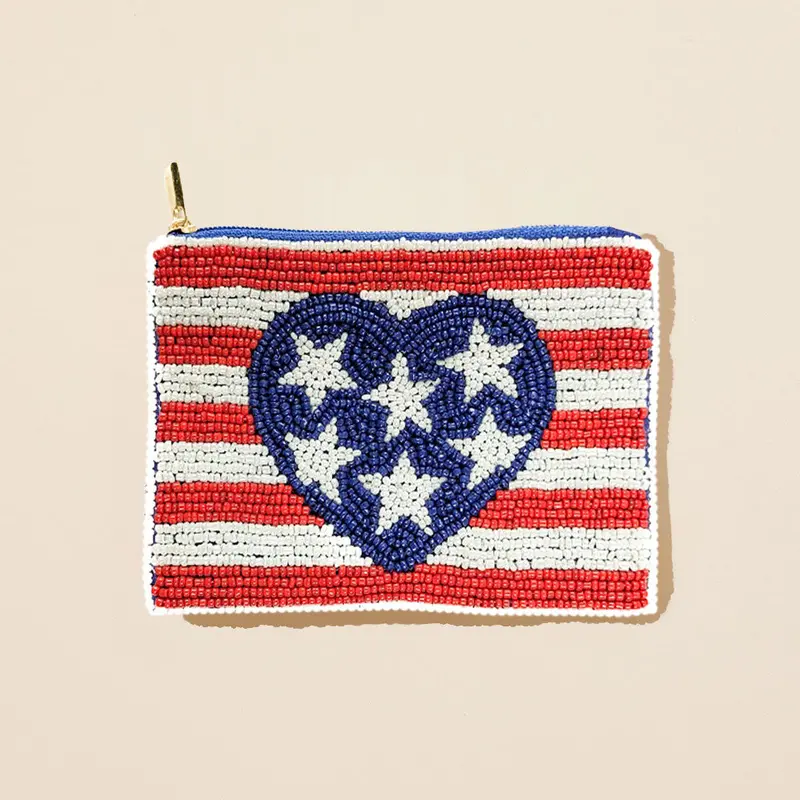 American Usa Flag Heart Seed Beaded Mini Pouch Bag 1