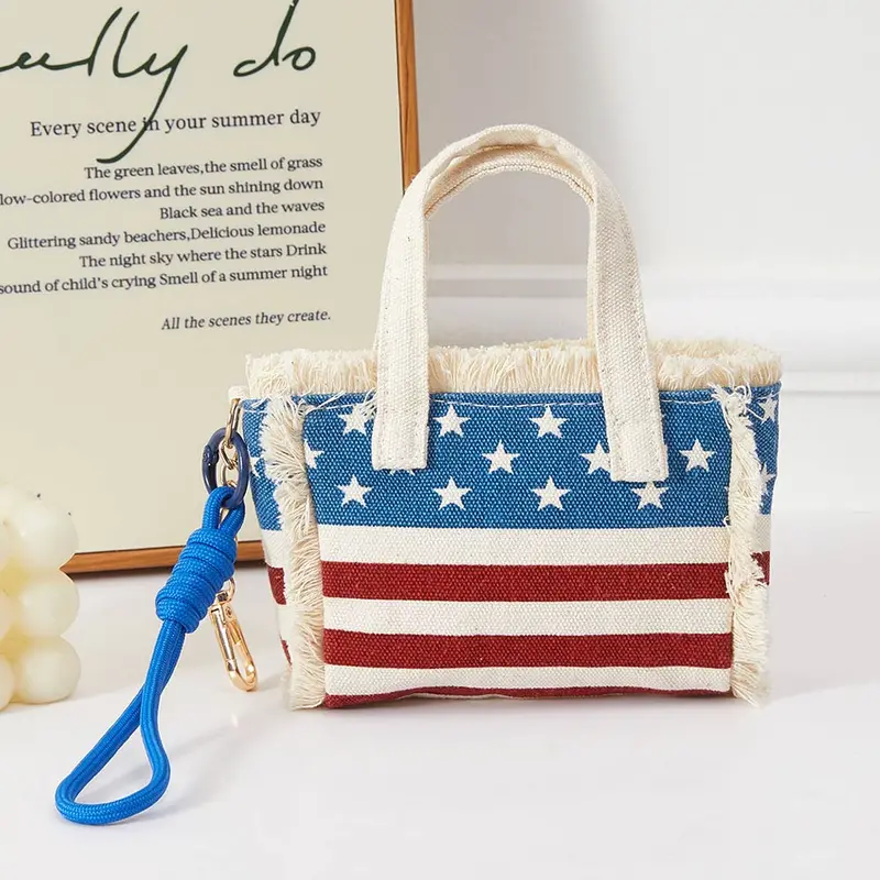 American Usa Flag Mini Canvas Tote Bag Keychain Bag Charm 1