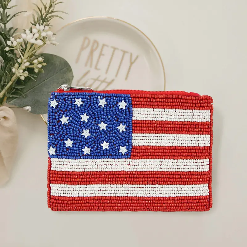 American Usa Flag Seed Beaded Mini Pouch Bag 1