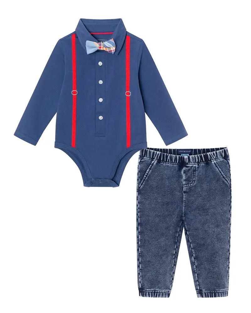 Andy & Evan Suspender Shirtzie & Terry Pant Set 1