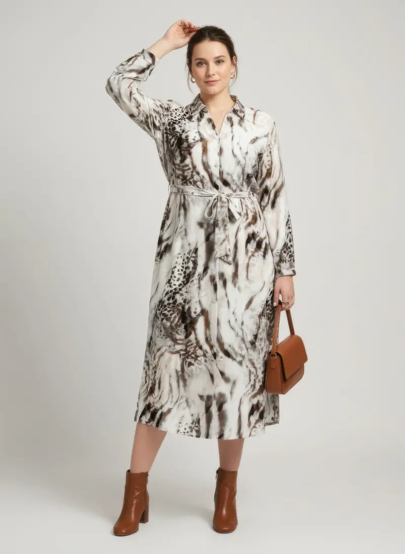 Animal Print Belted Button-Front Midi Shirt Dress 1