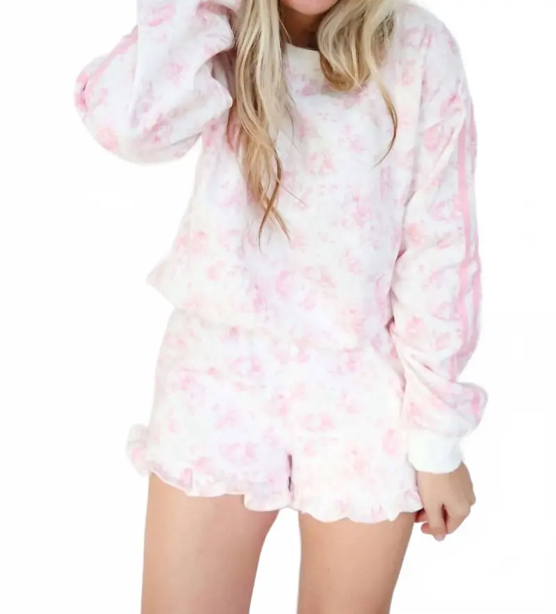 Anna Grace Floral With Stripe Sweatshirt & Shorts Set In Pink 1
