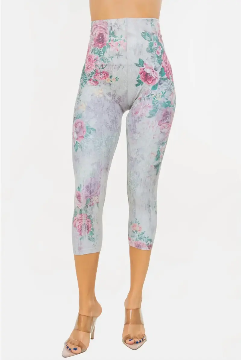 Antique Baroque Floral Print Crop Leggings In Grey Multi 1