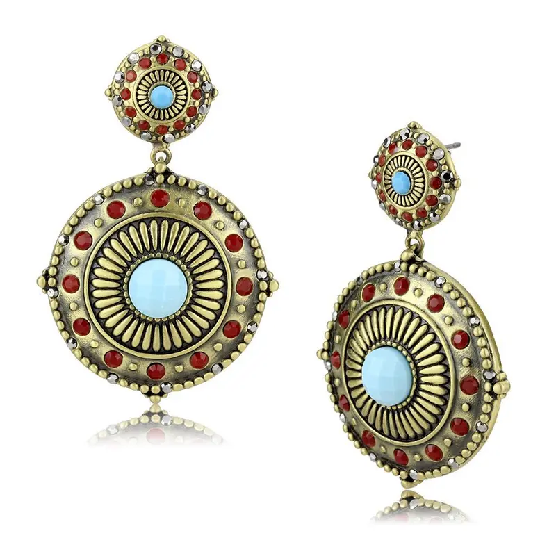 Antique Copper Brass Earrings With Synthetic Turquoise In Sea Blue 1