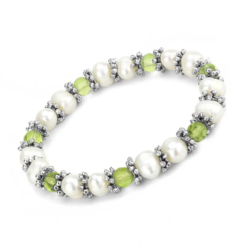 Antique Silver White Metal Bracelet With Synthetic Pearl In Olivine Color 1