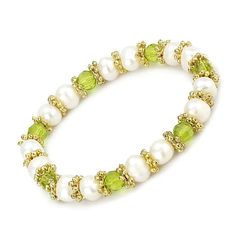 Antique Silver White Metal Bracelet With Synthetic Pearl In Peridot 1