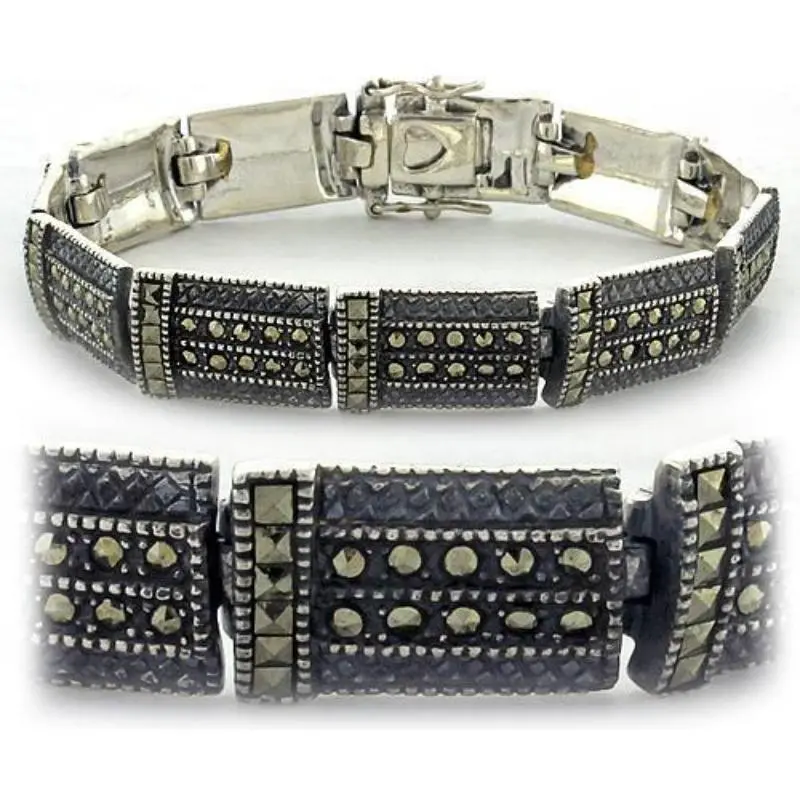 Antique Tone 925 Sterling Silver Bracelet With Semi-Precious Marcasite In Jet 1