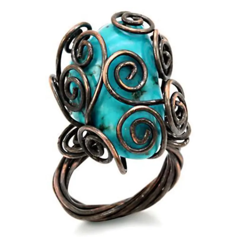Antique Tone Brass Ring With Synthetic Turquoise In Turquoise 1