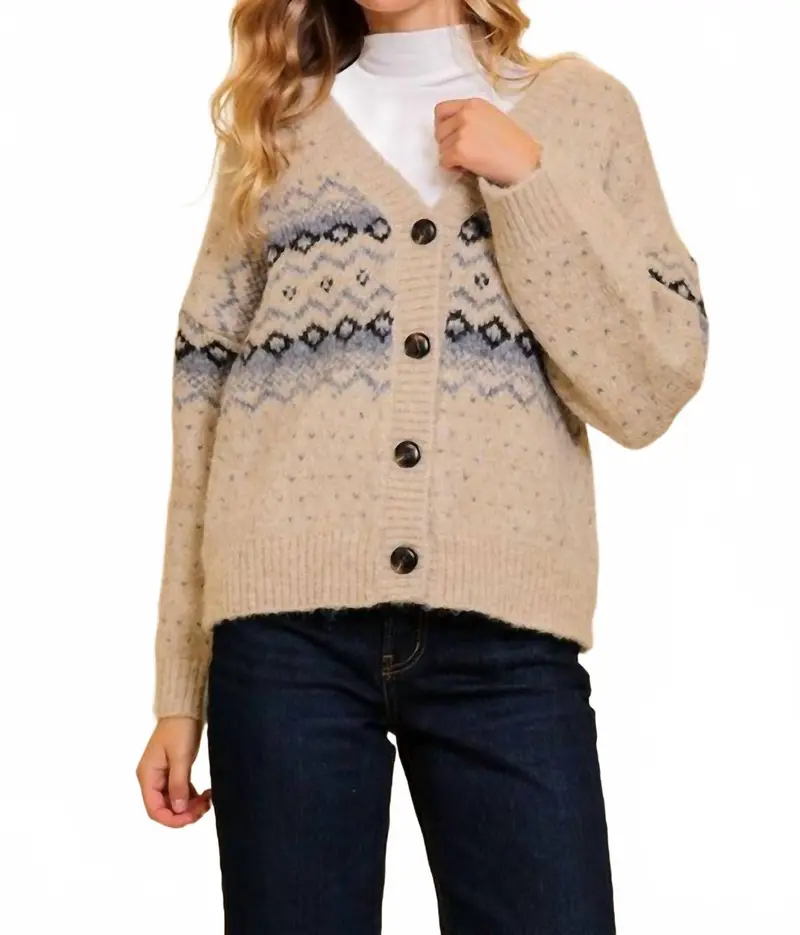 Argyle V-Neck Cardigan In Beige 1