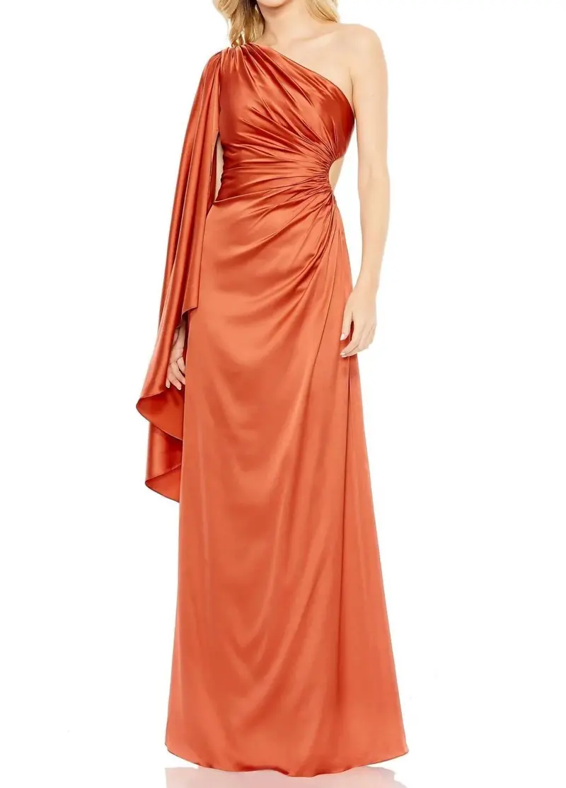 Asymmetrical One Side Cape Sleeve Ruching Satin Dress In Rust 1