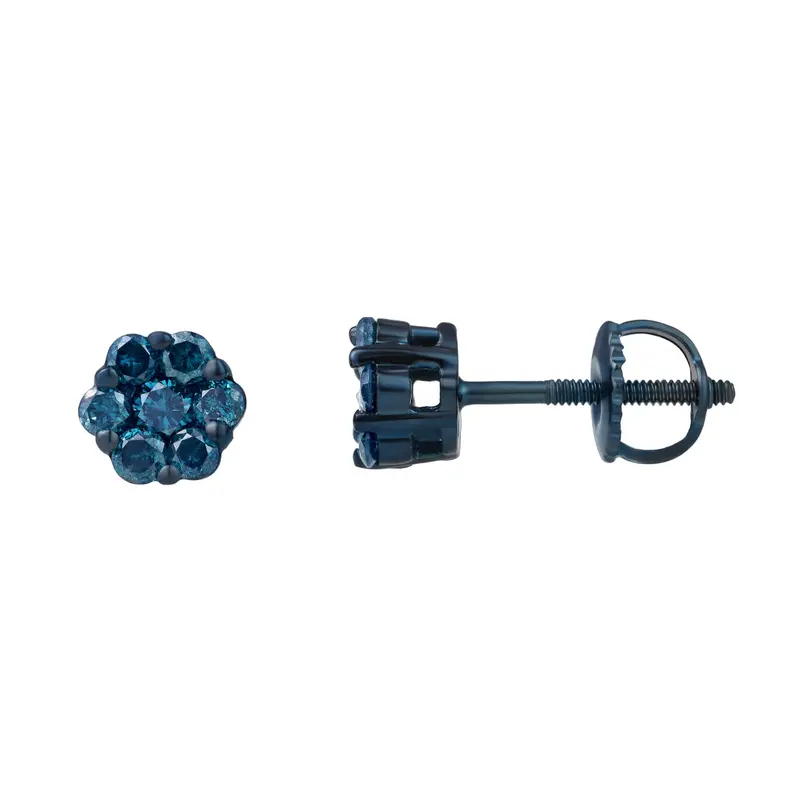 Azure 0.35 Cts Blue Diamond Cluster Studs Blue Rhodium 10K Gold Earrings 1