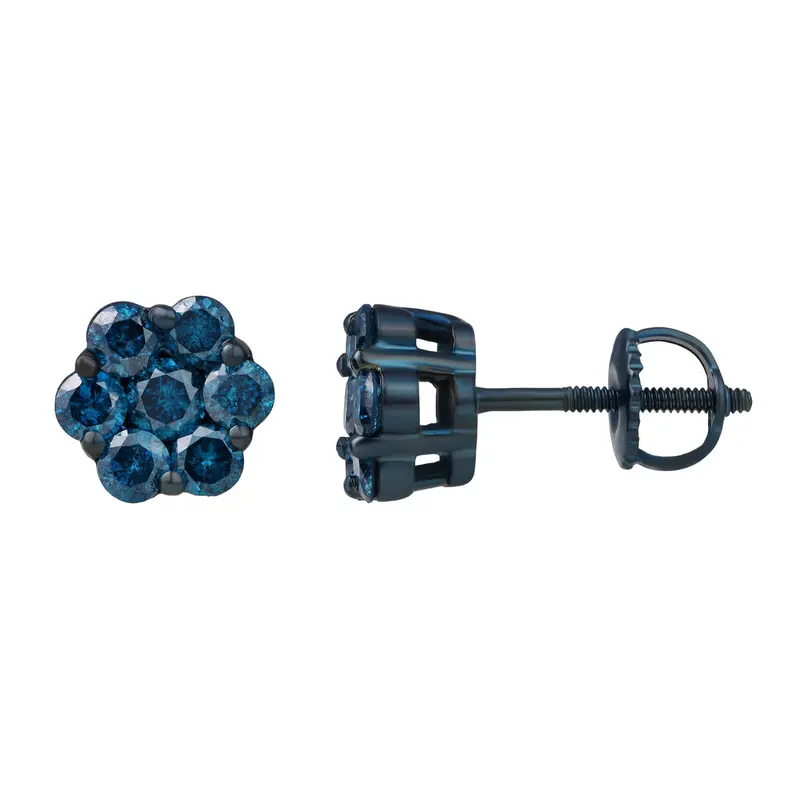 Azure 1 Cts Blue Diamond Cluster Studs Blue Rhodium 10K Gold Earrings 1