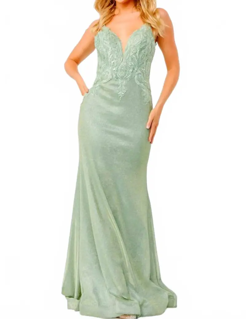 Backless Embroidered Gown In Light Green 1