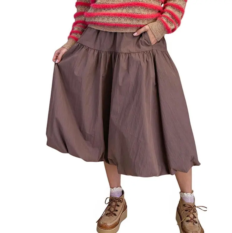Balloon Hem Parachute Midi Skirt In Brown 1