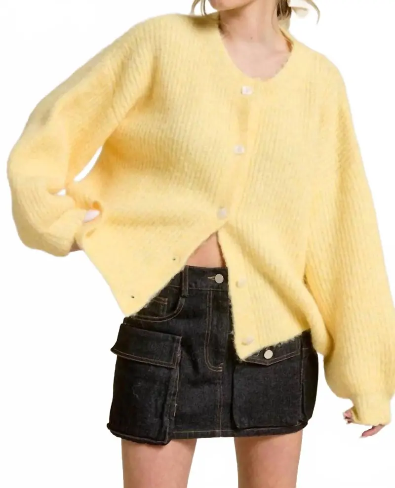 Balloon Sleeve Knit Cardigan In Yellow 1