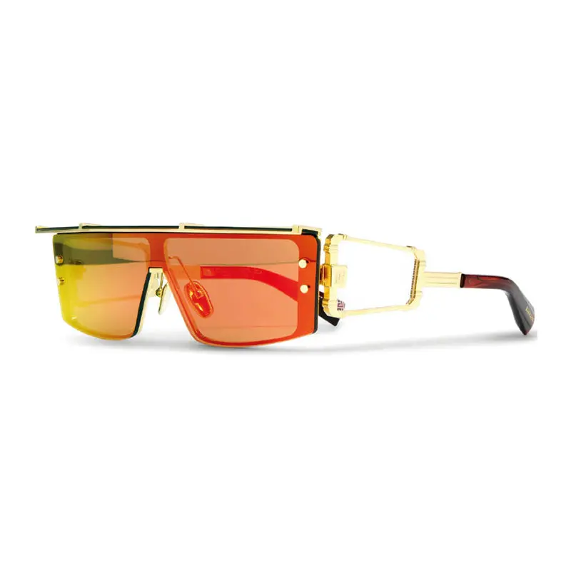 Balmain Sunglasses Square Semi Rim, Gold/Red Swirl Frame And Dark Brown Red Mirror Ar Lens Bps-127C 1