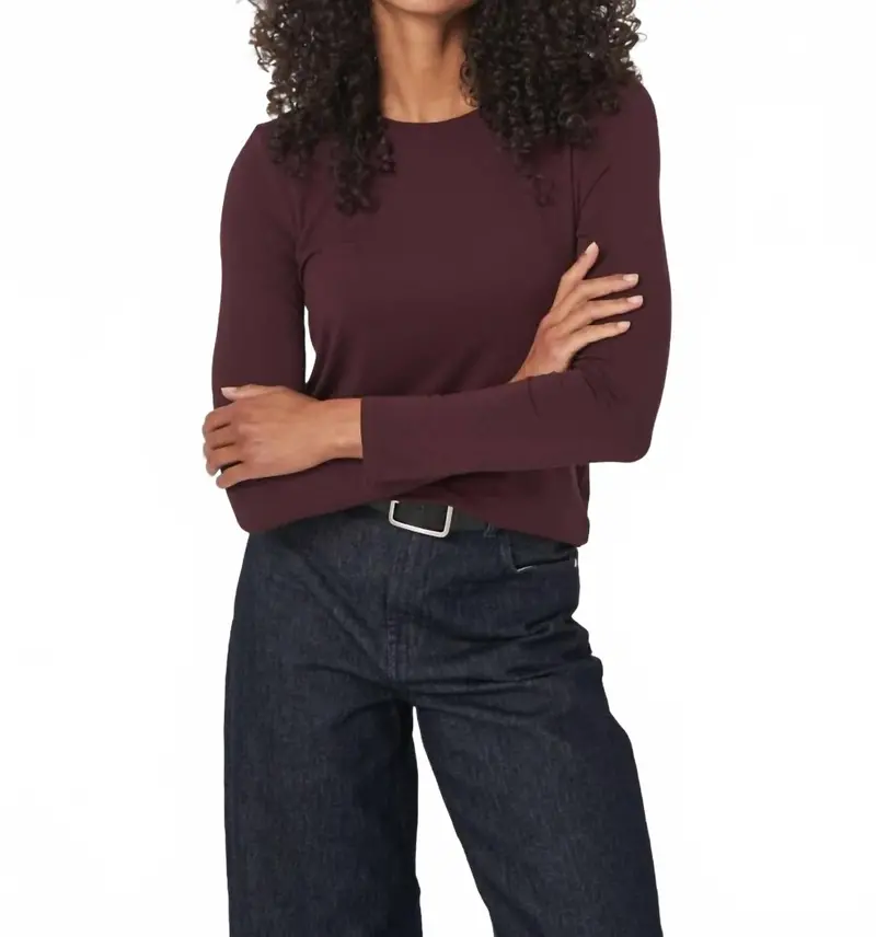 Basic Jewel Neck Long Sleeve Top In Merlot 1