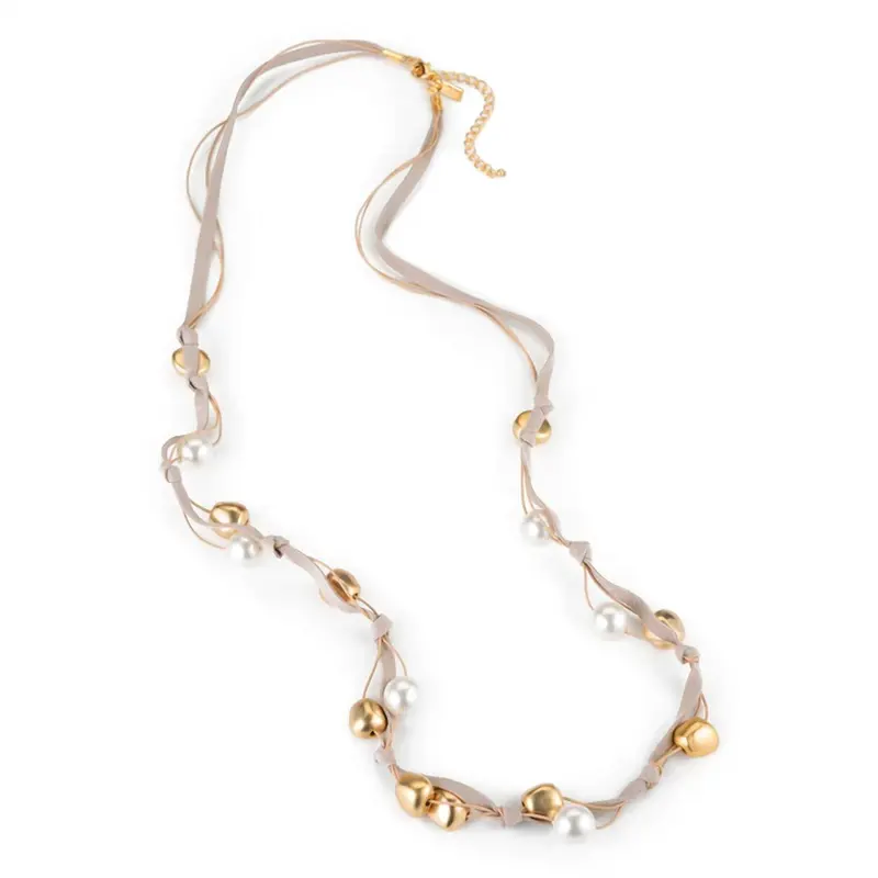 Bead And Pearl Suede Long Layer Necklace In Matte Gold/White/Natural Putty 1