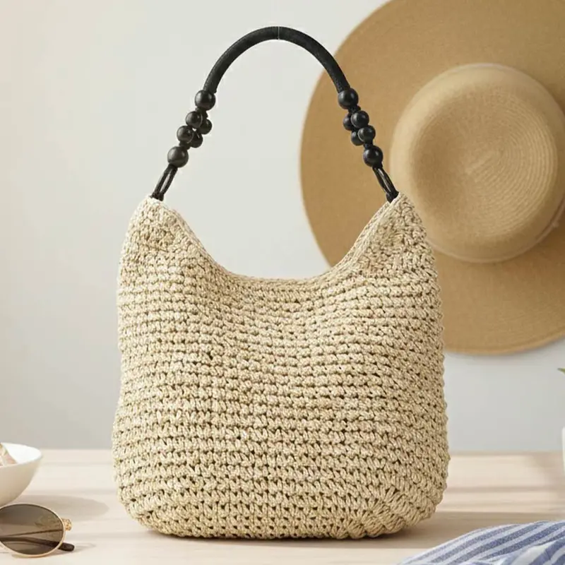 Beaded Handle Raffia Woven Shoulder Tote Bag 1